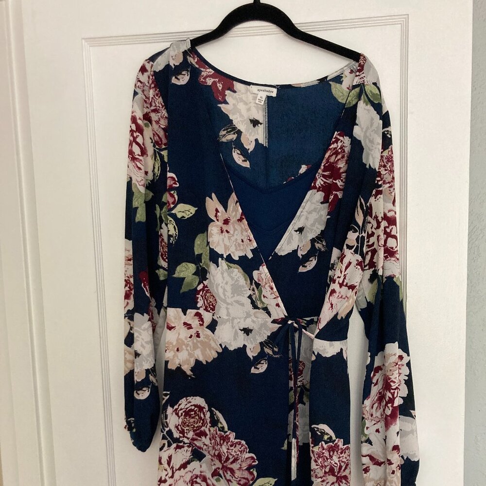 Navy Floral Long Sleeve Wrap Mini Dress
